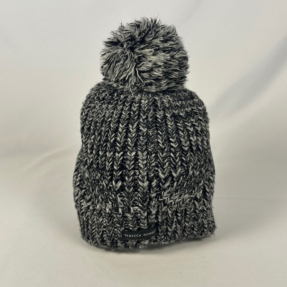 Rebecca Minkoff Beanie Women One Size Black Grey Marled Knit Pom Pom Hat